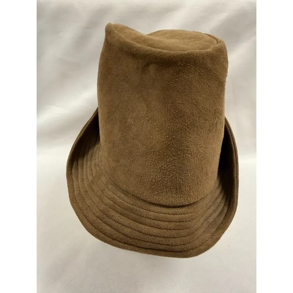 Vintage 90s Tan Suede Look Bucket Cloche Hat Minimalist Boho City Chic Medium - Picture 3 of 6